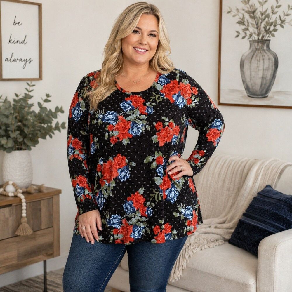 LuLaRoe Womens 2XL Floral Long Sleeve Top Black Red Blue Stretch Tunic Blouse